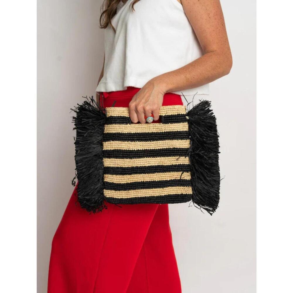 NEW BALDIZ remi fringe raffia bag in black natural